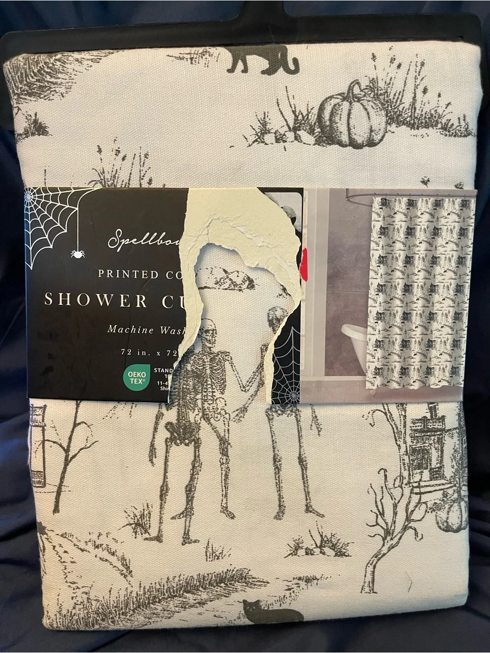 Spellbound Black & White Skeleton/Halloween Cotton Shower Curtain